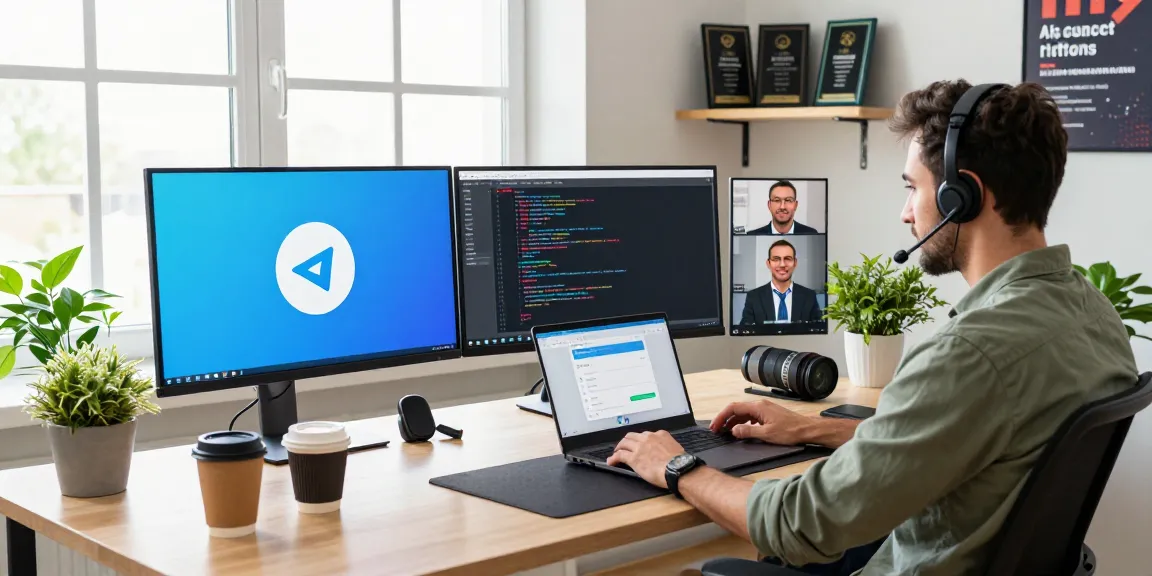 Developer exploring telegram china latest version on multiple screens in a modern tech workspace