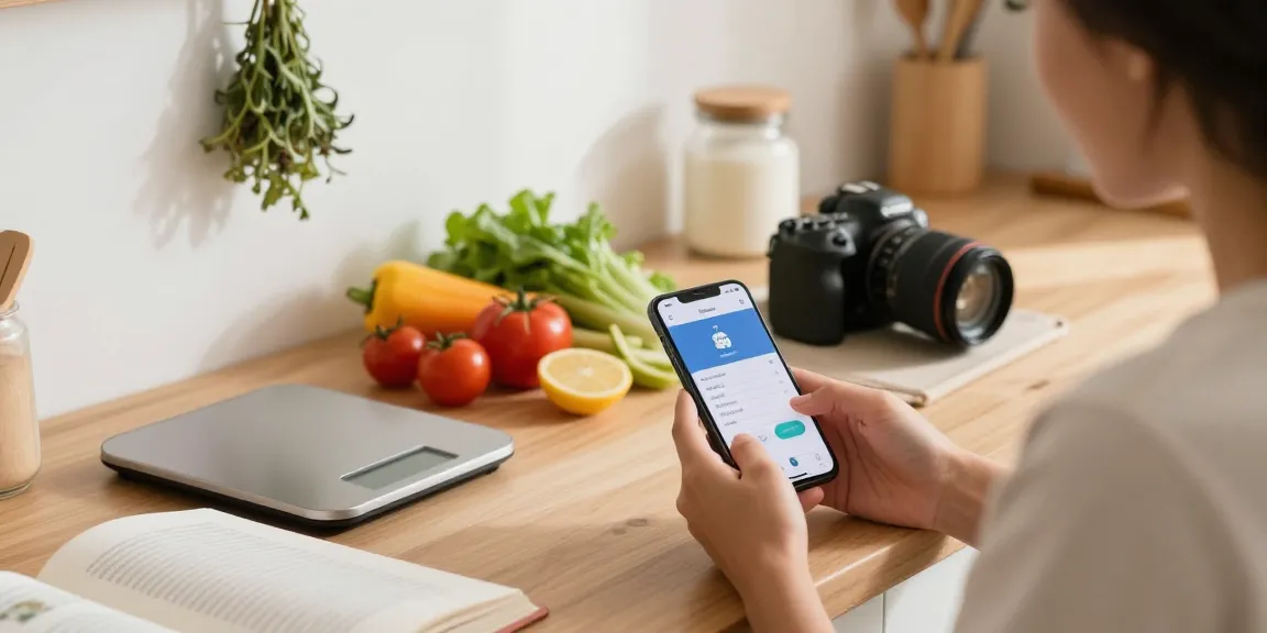 Health-conscious individual using the best calorie tracker app in a bright kitchen.