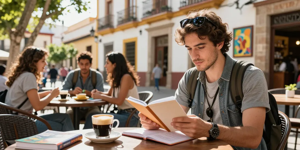 Cursos de español en España, viajero estudiando el idioma al aire libre en un café con amigos en una ciudad española soleada.