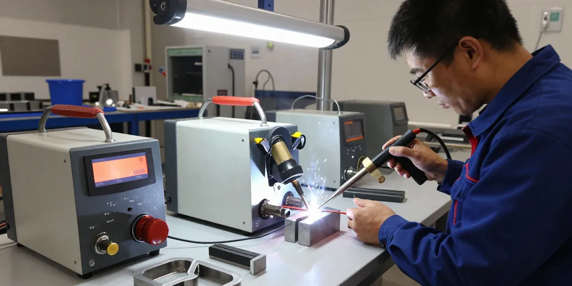 Induction welder in action, highlighting precision and safety in metal joining process in a modern industrial workshop.