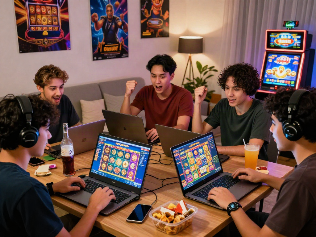 Excited players enjoying slot gacor maxwin games on laptops and mobile devices in a cozy gaming atmosphere.