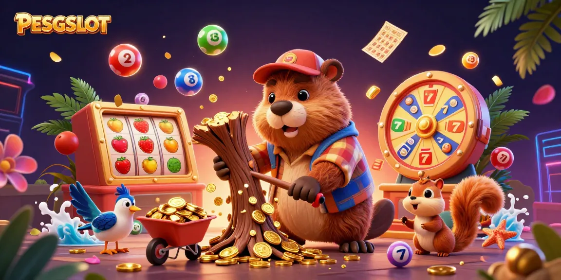 Slot jackpot PESGSLOT dengan beaver pemotong pohon yang menghadirkan koin emas dan elemen permainan seru.