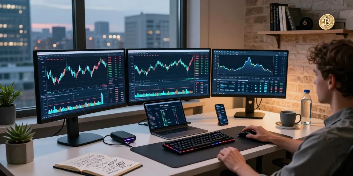 Récupération de portefeuille crypto perdu dans un bureau moderne, affichant des graphiques Bitcoin et Ethereum avec des mesures de sécurité