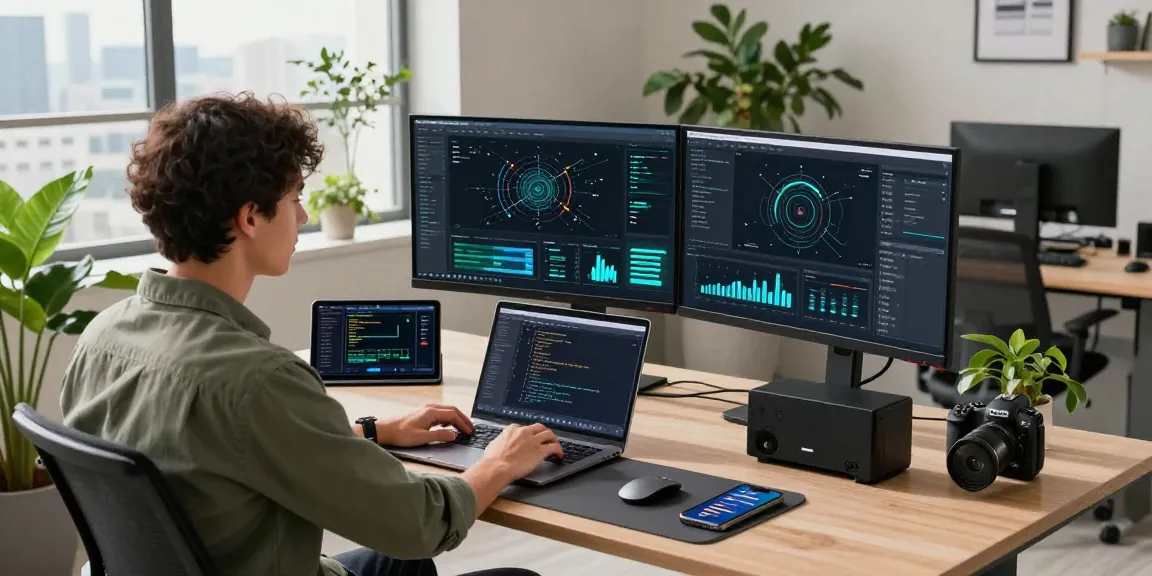 快连 network acceleration software being optimized on dual monitors in a modern tech workspace.