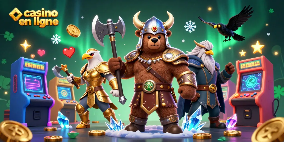 Découvrez l'excitation du casino en ligne avec une illustration 3D vibrante d'un ours viking et d'un aigle valkyrie.