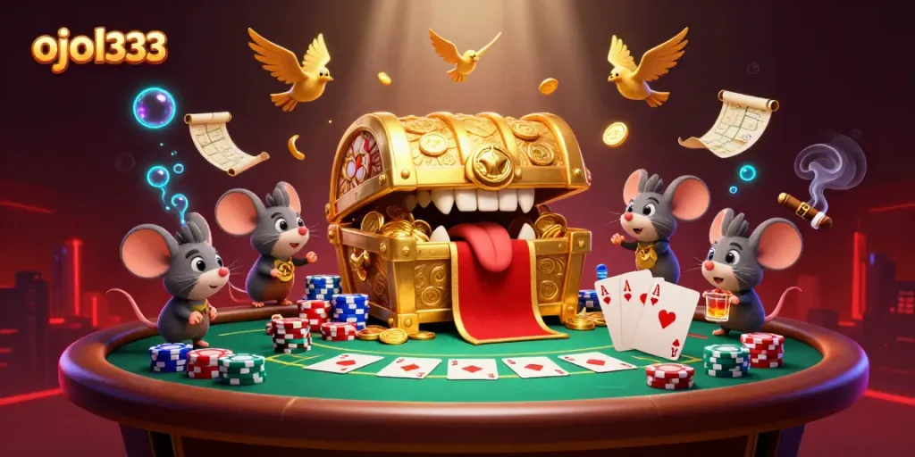 Engage in thrilling gambling with ojol333, featuring a vibrant scene of poker action and treasure.