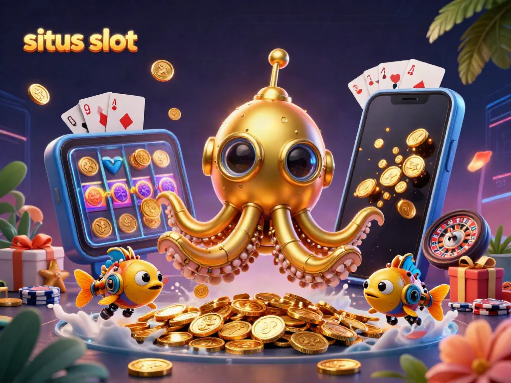 Situs slot dengan ilustrasi 3D kraken emas dan smartphone game slot meledak.