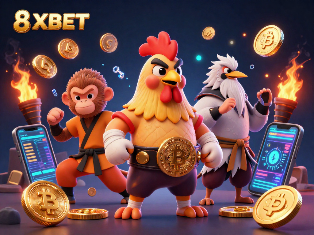 Experience thrilling action at 8XBET with colorful characters and cryptocurrency elements surrounding them.