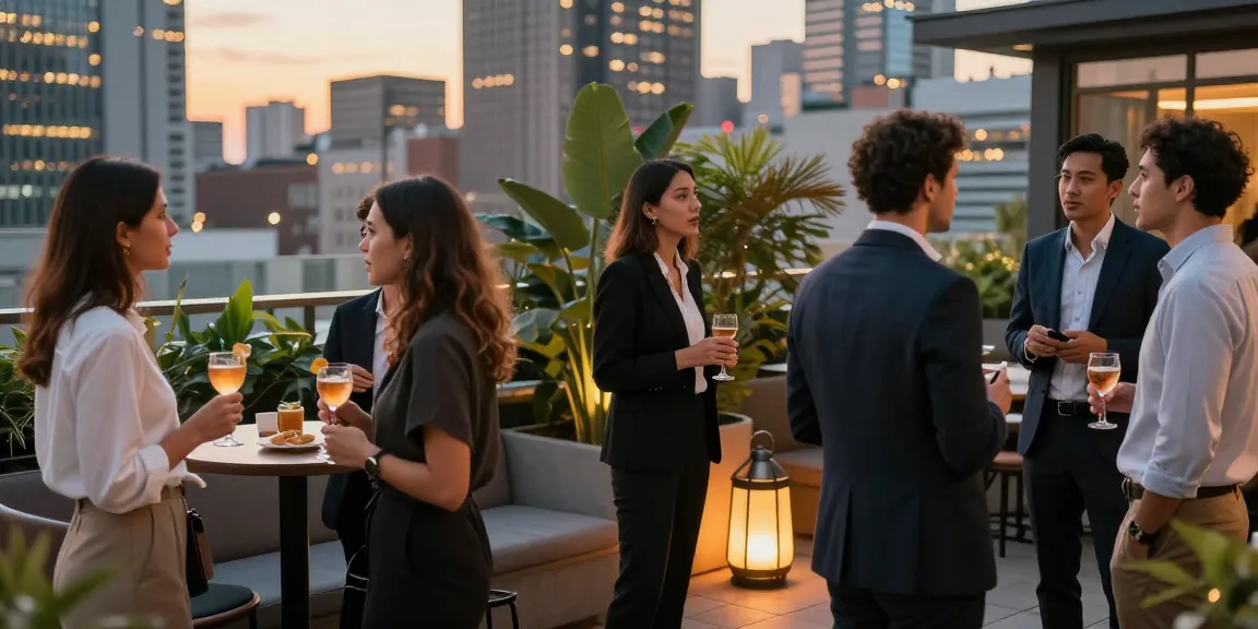 Terry Hui engaging with professionals at a networking event in an urban rooftop setting, showcasing collaboration and industry insights.