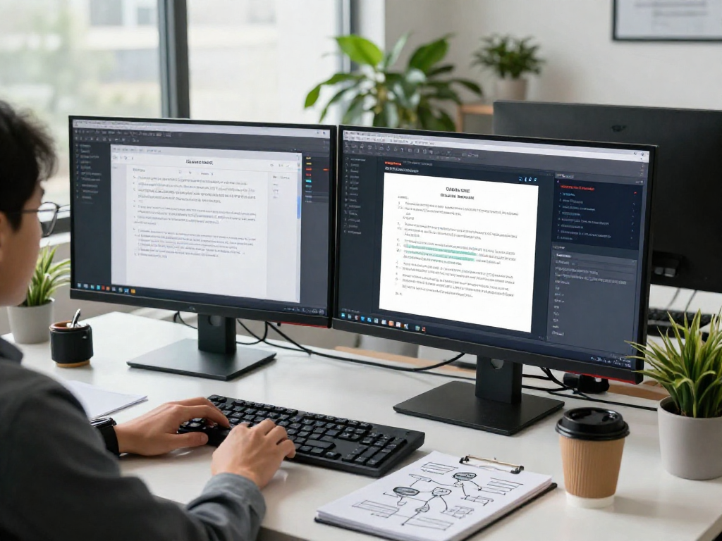 Detailed document fraud detection analysis with forensic analyst in modern office, showcasing AI metrics and verification tools.