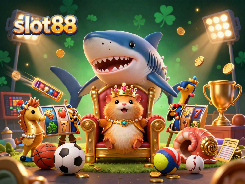 Engage with slot88 through vibrant 3D casino illustration showcasing a fierce hamster king and dynamic jackpot elements.
