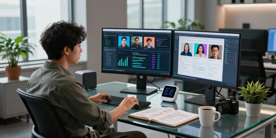 AI image detector in action, analyzing flagged images on multiple screens in a modern tech workspace.
