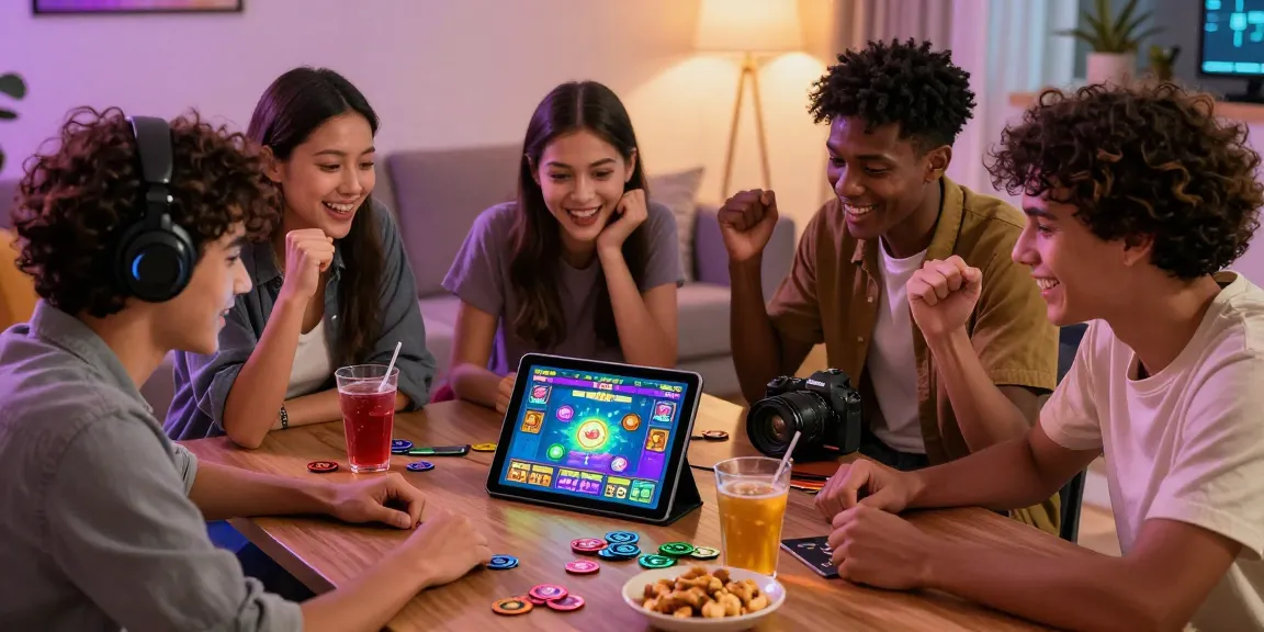 Friends enjoying link bandar togel gaming session in cozy living room.
