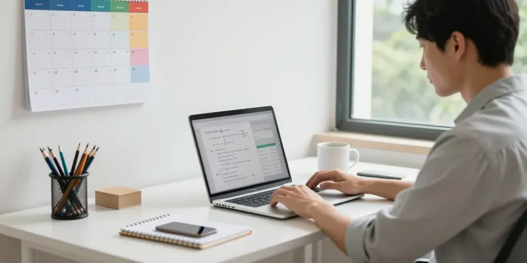 Calculator Online workspace with a person using a laptop in a bright home office.
