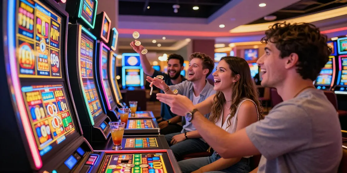Friends celebrating a jackpot win at a slot machine in a lively casino atmosphere