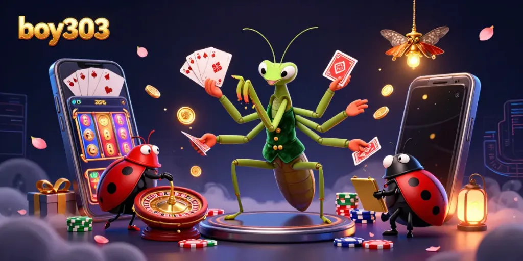 boy303 unleashes a vibrant casino scene with a mantis card sharp and ladybug pit boss.