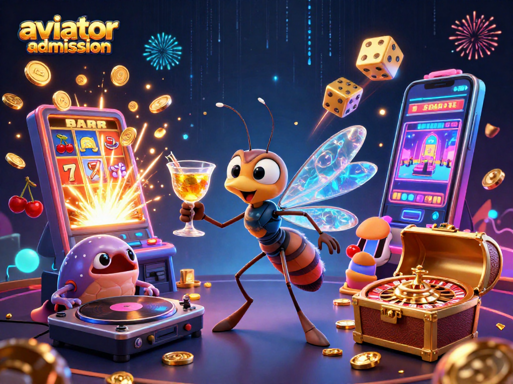 Aviator admission offers exciting gameplay with a frozen mosquito mascot and trilobite DJ in a vibrant casino scene.