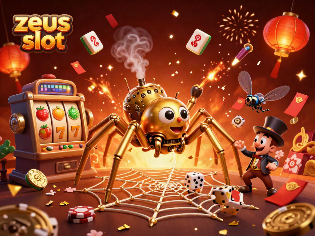 Spin and win with zeus slot, featuring a dynamic steampunk spider and friendly fly.