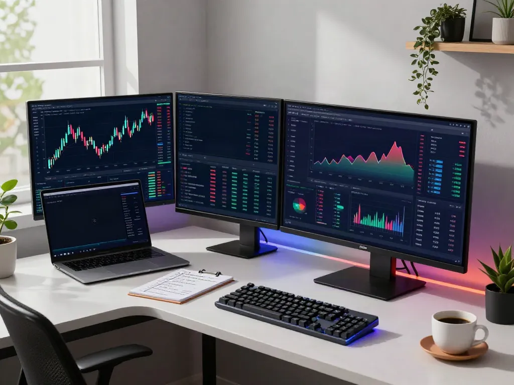 futures market data API integrated into a real-time cryptocurrency trading setup with multiple monitors and analytics.