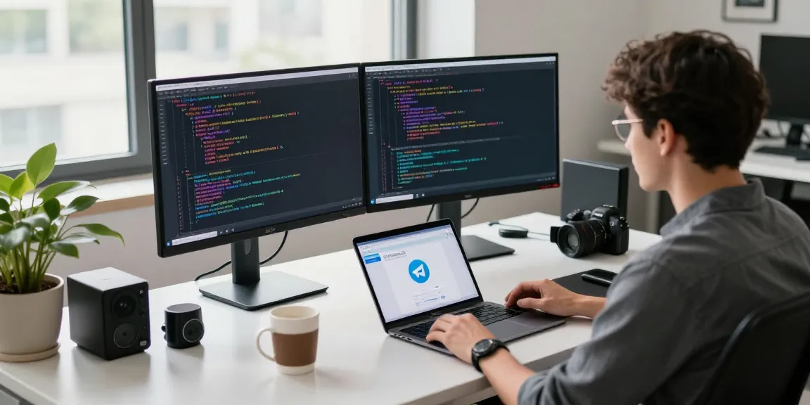 Developer coding on Telegram China latest version in a modern tech workspace with dual monitors and natural light.