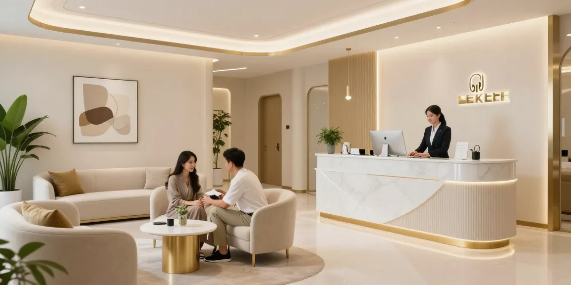 Luxurious clinic interior with elegant design, featuring warm colors and welcoming atmosphere, perfect for a คลินิก luxury experience.