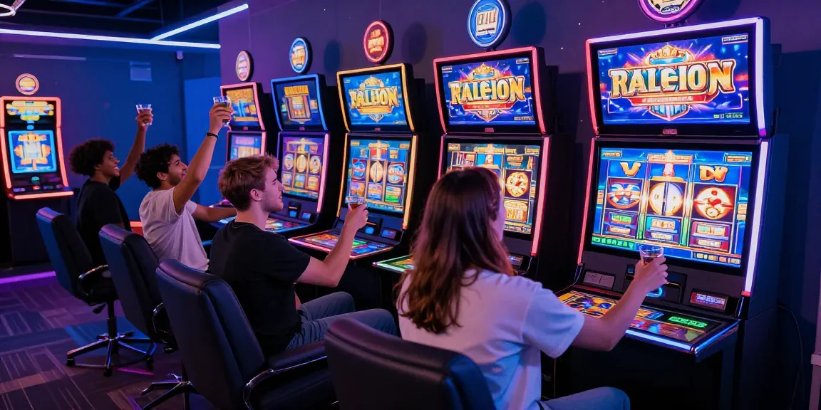 Players celebrating big wins at a colorful slot game lounge, showcasing excitement in the gambling world.