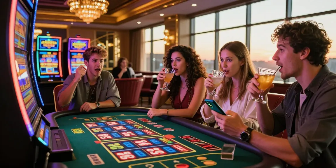 Friends celebrating their wins while playing slot deposit 1000 machines in a vibrant casino atmosphere.
