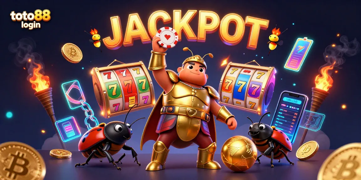 Experience your next win with toto88 login as a heroic beetle lifts a poker chip in victory, surrounded by dynamic gambling elements.