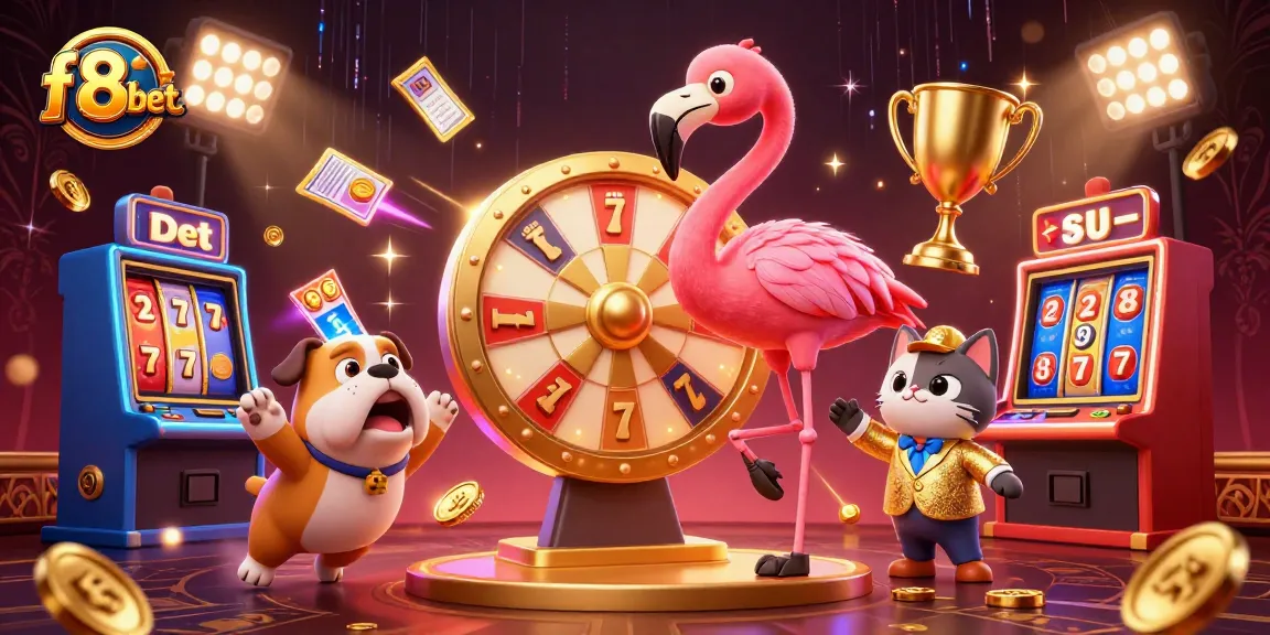 f8bet unleashes thrilling slot action with a vibrant casino scene featuring a flamingo host and bulldog contestant.