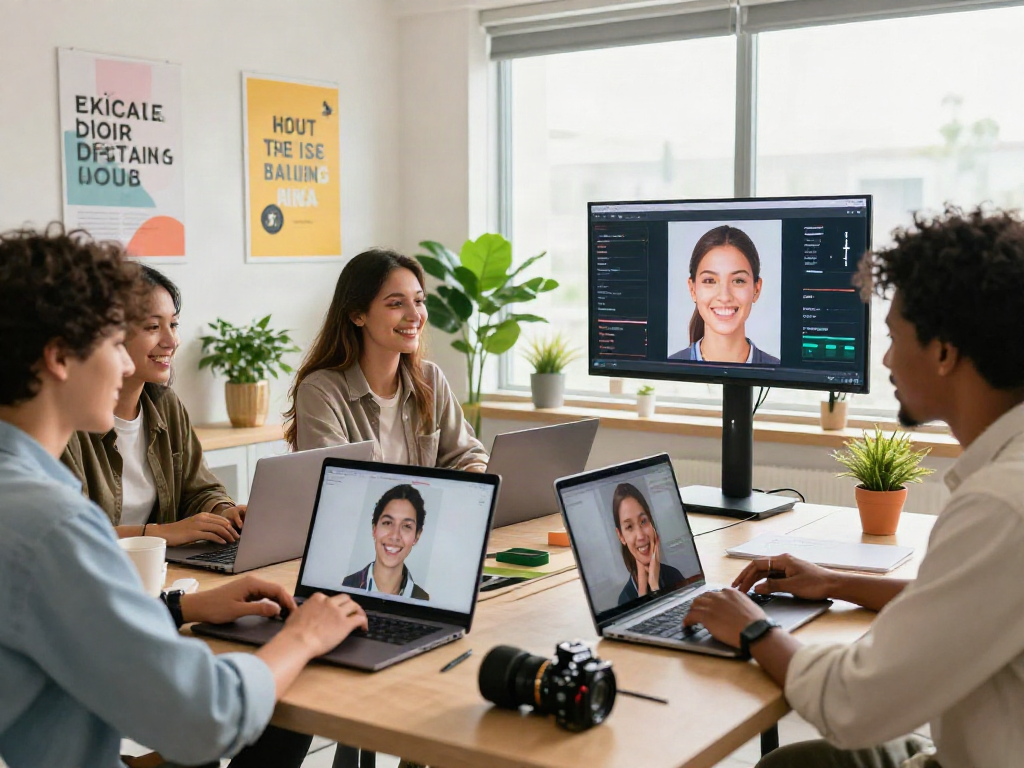 Individuals interacting with an attractiveness test app, showcasing diverse expressions in a vibrant workspace.