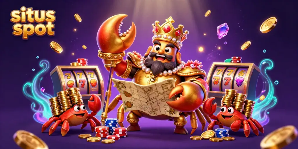 Situs slot-themed illustration showcasing a golden crab emperor in a vibrant casino scene.
