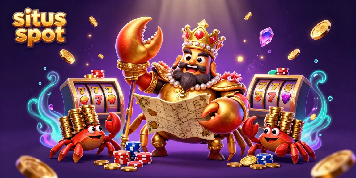 Situs slot-themed illustration showcasing a golden crab emperor in a vibrant casino scene.