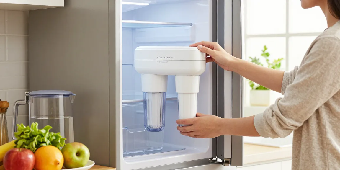 AQUA CREST DW2042FR-09 Refrigerator Water Filter being installed in a clean kitchen, highlighting healthy lifestyle.