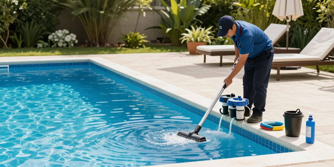 Professional maintenance of pool equipment showcasing servis bazenske tehnike in a beautiful backyard setting.