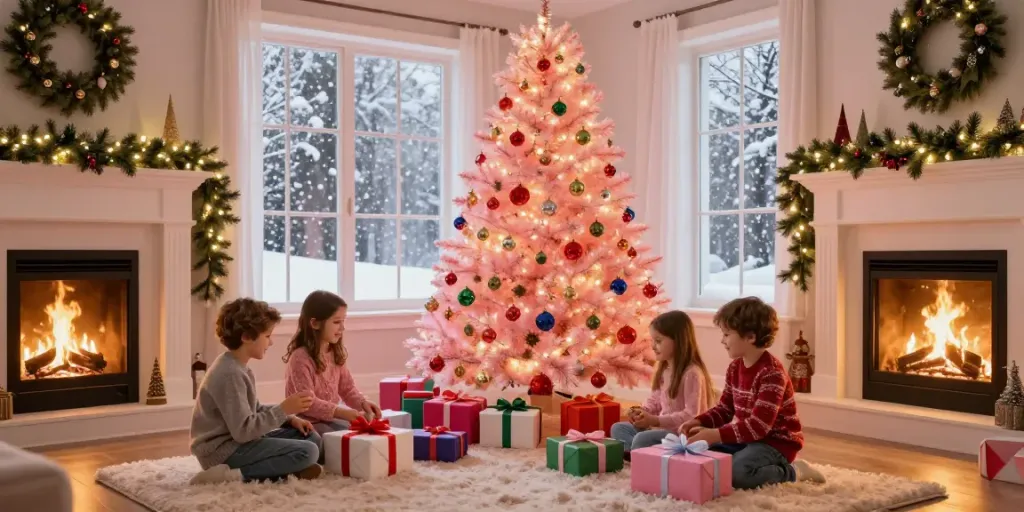 A beautiful pink pre lit Xmas tree illuminated with festive lights, surrounded by a joyful family unwrapping gifts in a cozy holiday living room.