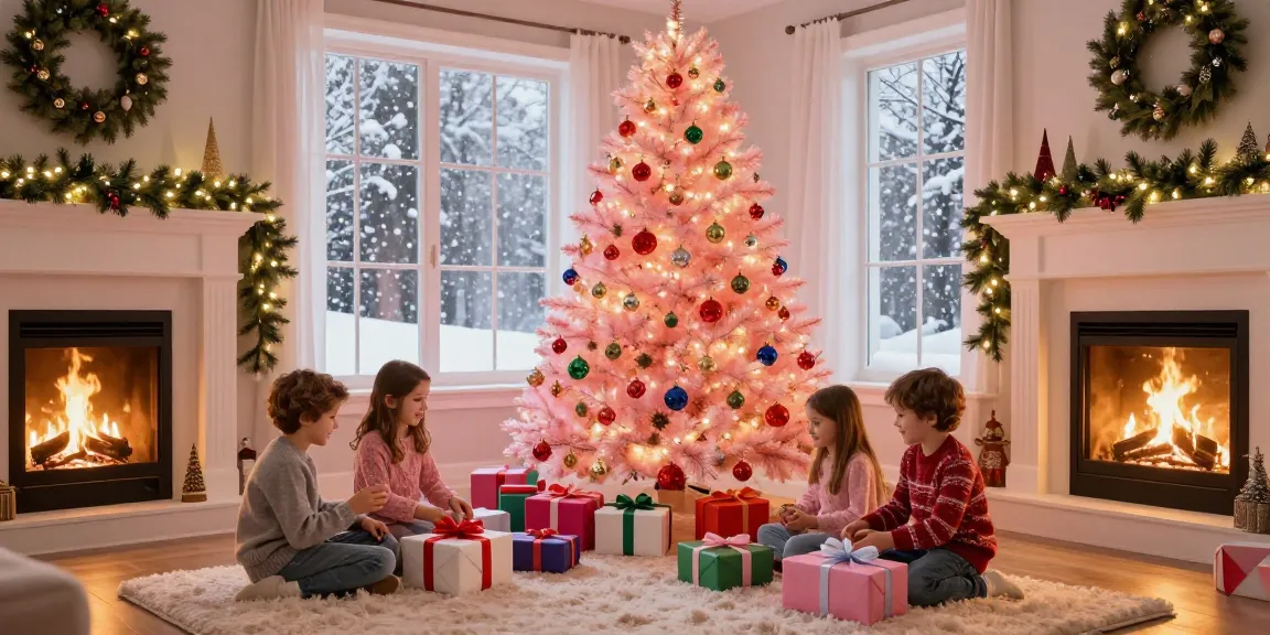 A beautiful pink pre lit Xmas tree illuminated with festive lights, surrounded by a joyful family unwrapping gifts in a cozy holiday living room.