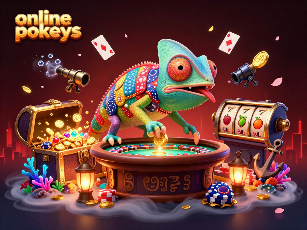 Engaging online pokies scene with a 3D chameleon casino owner, gold coins, and game elements.