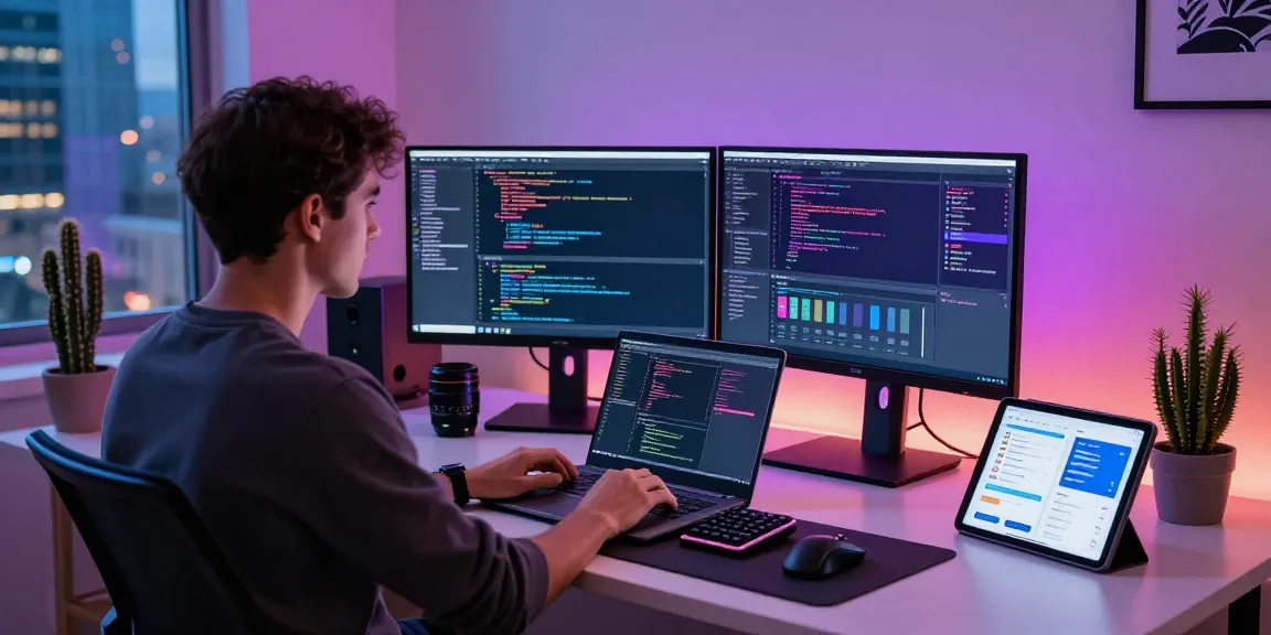 Dynamic coding workspace on teiegramin.com with developer, vibrant screens, and modern decor.