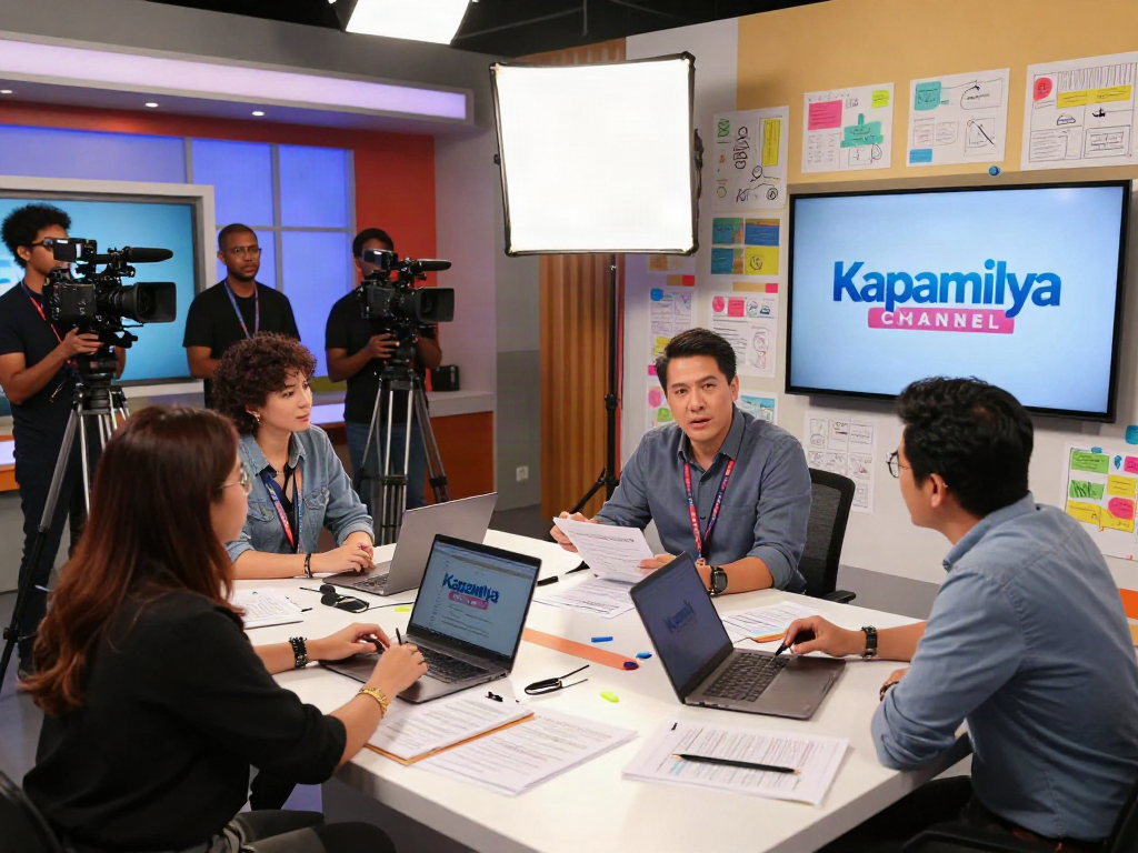 Dynamic scene of Kapamilya Channel production team brainstorming creative ideas in a vibrant studio space.