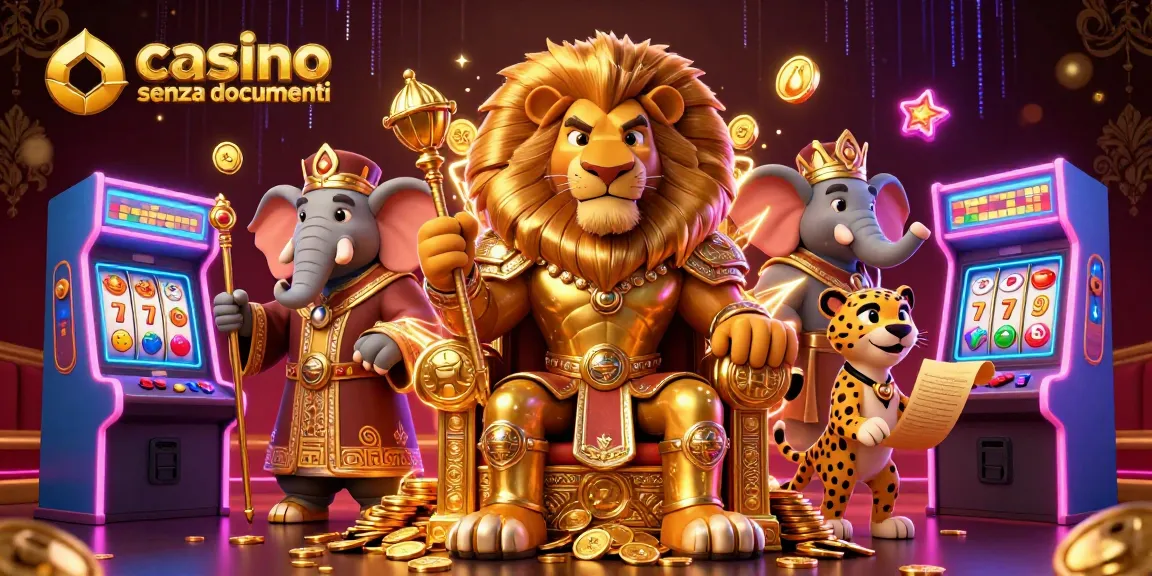 Interagisci con i casino senza documenti in una scena 3D vibrante e dinamica con un re leone e elementi di gioco vivaci.