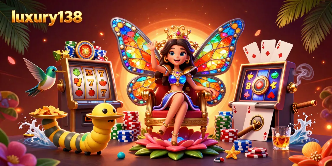Experience luxury138's vibrant casino magic with a butterfly queen amidst colorful slot machinese.