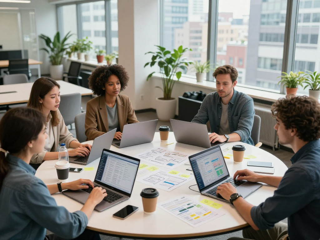 Team collaboration at https://koperasisantun.com/ in a modern office setting, showcasing vibrant brainstorming atmosphere.