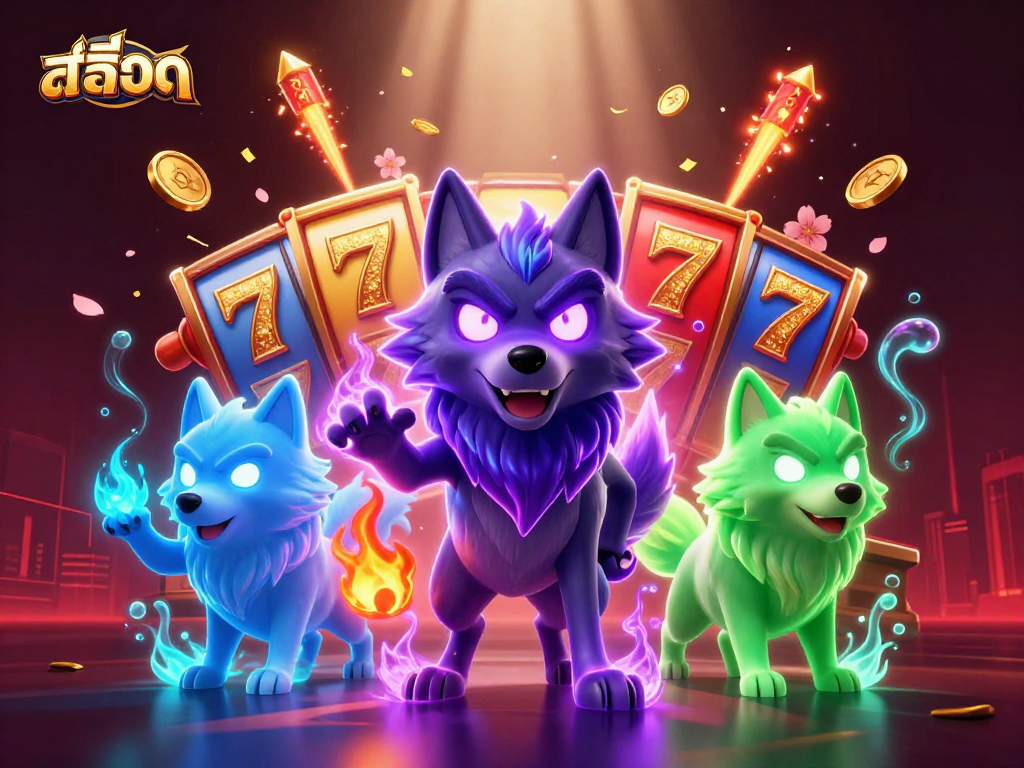 Experience thrilling สล็อต action with vibrant slot reels, coins, and enchanting wolf characters.
