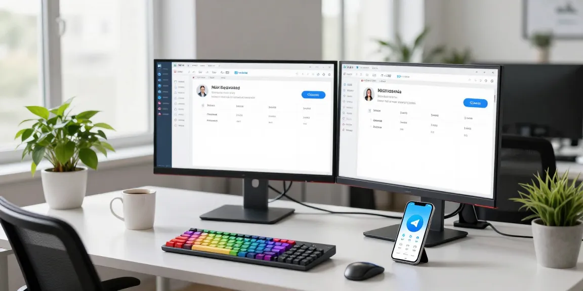 Developer exploring telegramin-cn.com features in a modern workspace with multiple screens and tech tools.