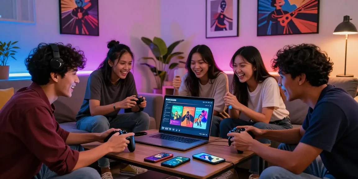 Friends enjoying indo cair gaming platform in a vibrant living room.