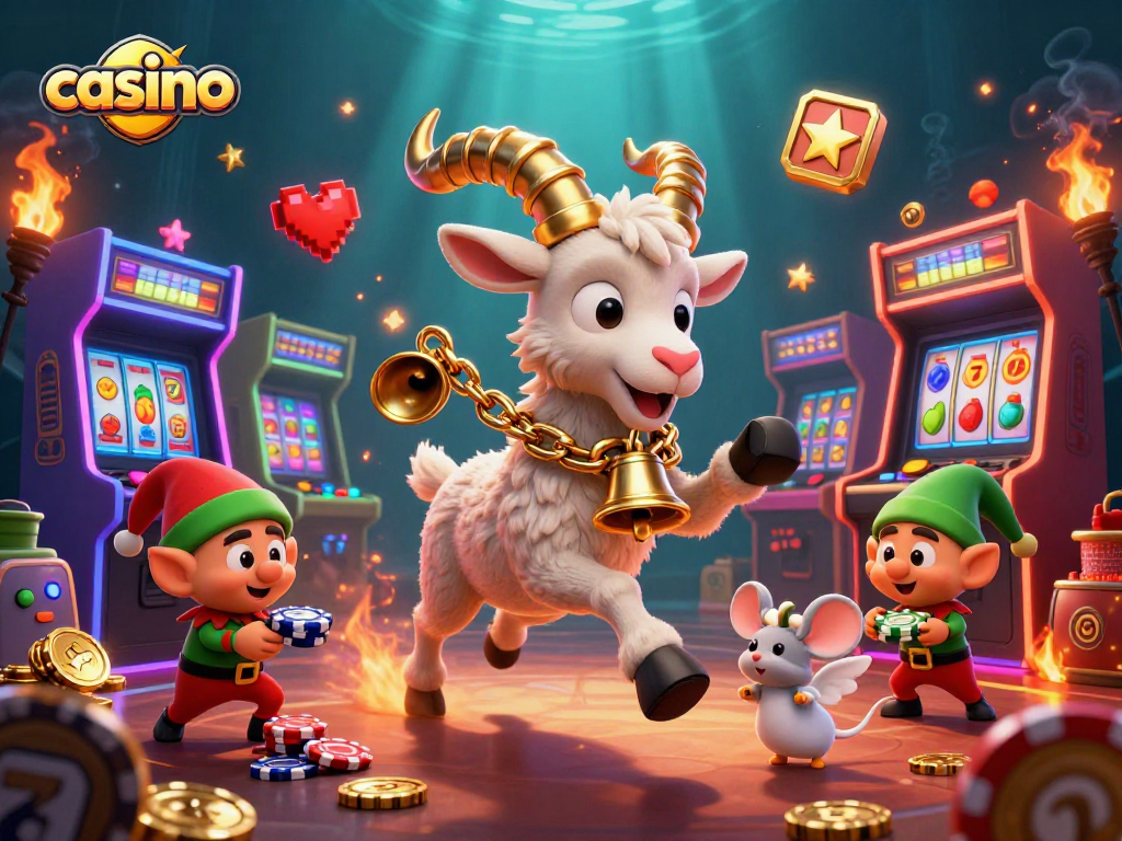 Experience casino excitement with Krampus, angel mouse, and gremlins in a vibrant gaming scene filled with action.