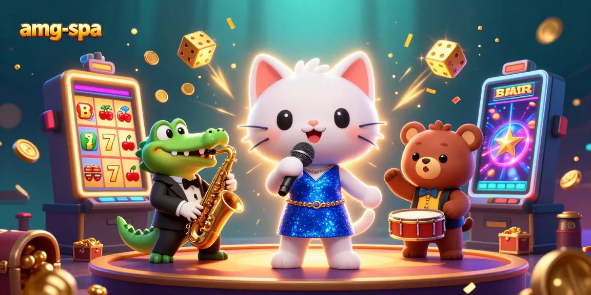 Experience excitement at amg-spa with a vibrant 3D casino scene featuring a jazz-singer cat and winning symbols.