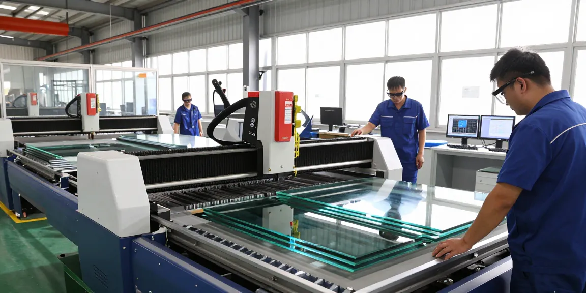 Technicians operating a glass cutting machine in a modern glass processing facility