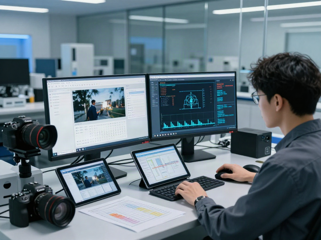 Analyzing AI-Generated Image Detection results on modern digital forensics lab monitors.