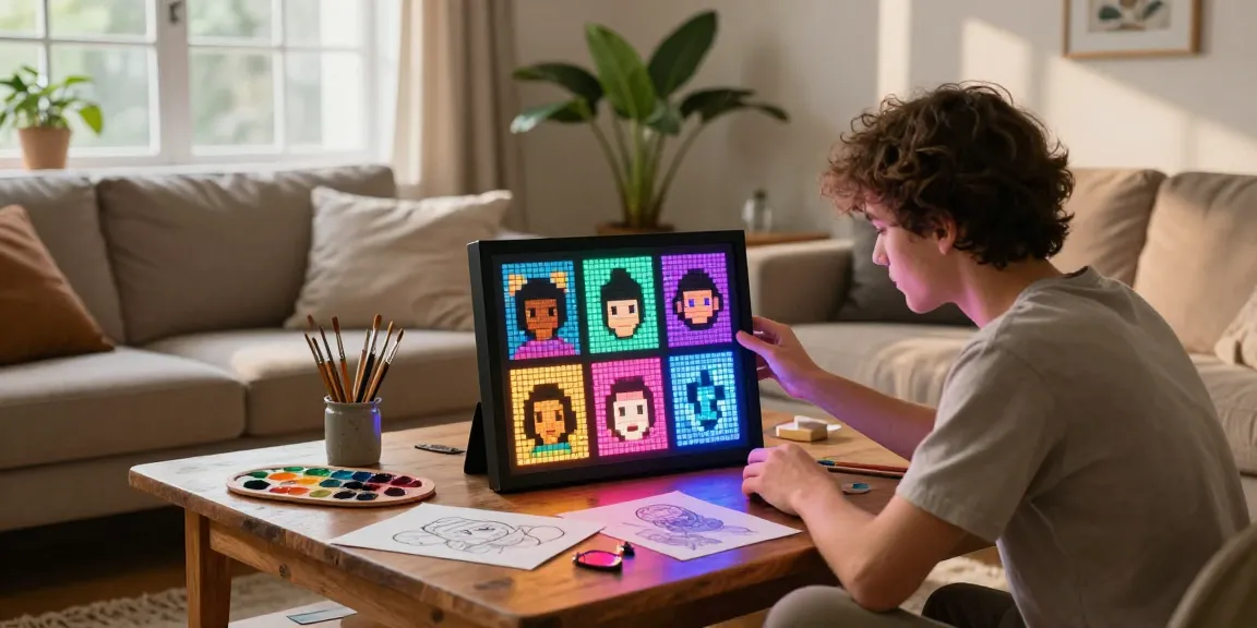 Bright living room with a young artist showcasing vibrant LED pixel art frame, surrounded by creative tools.